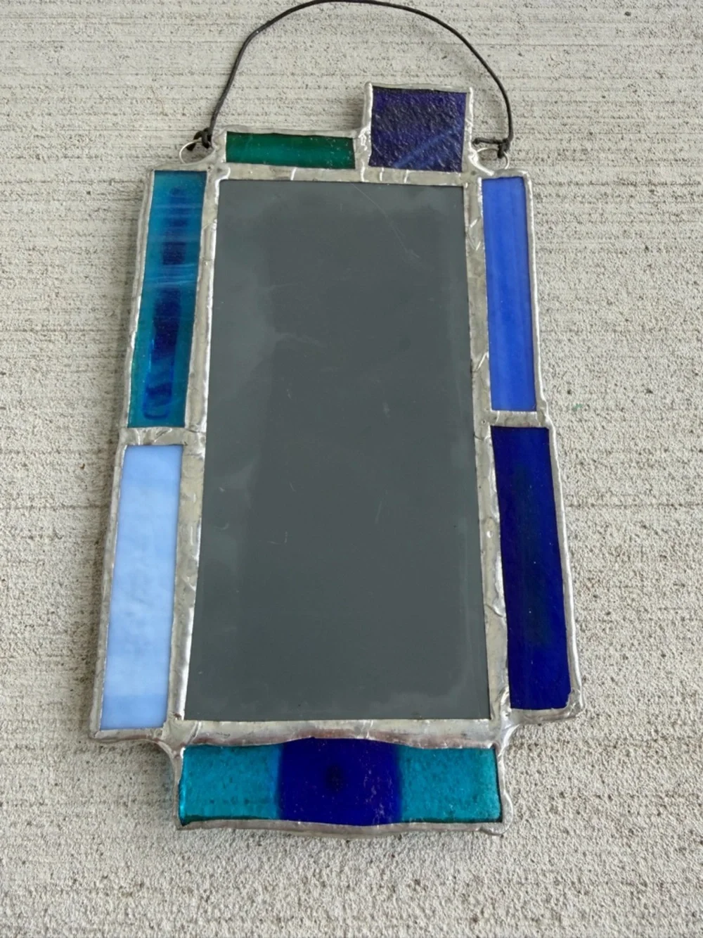 Vintage Fused Glass Wall Mirror Blue Green Stained Glass Style Handmade